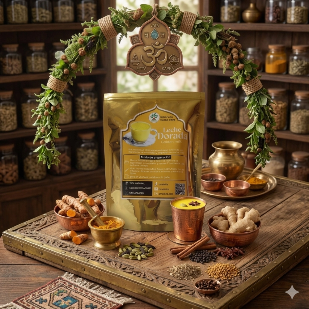 Leche dorada artesanal Omohini's, superfood ayurvédico de cúrcuma y pimienta negra servido en taza