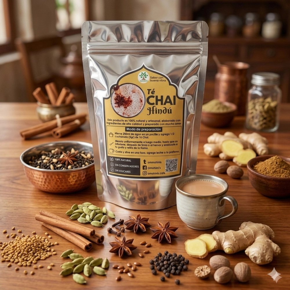 Té chai artesanal Omohini's con mezcla de especias veda, jengibre y canela, bebida caliente natural